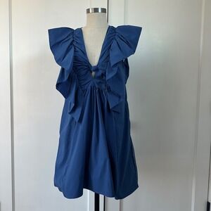 Anthropologie Blue Tassel Ruffle Shoulder Mini Dress Royal Blue Sm Cotton